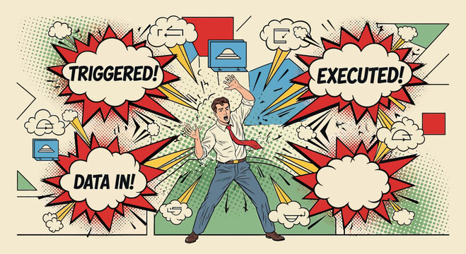 Man overwhelmed by data and automated processes, comic book style