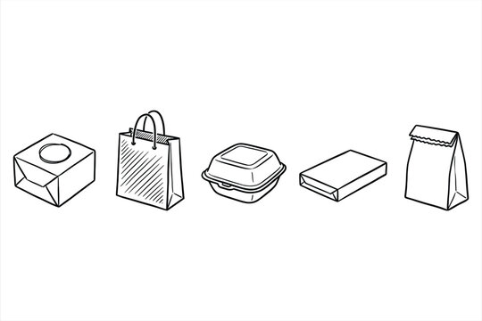 Minimalist blackline vector icons set showcasing various packaging and delivery materials including takeout boxes, tote bags, and envelopes on clean white background