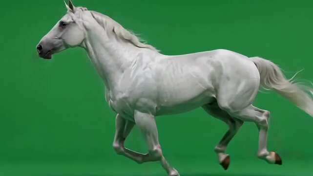 Majestic white horse galloping powerfully across the screen in a smooth and cinematic slow motion sequence