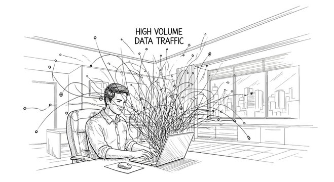 Man overwhelmed by high volume data traffic from laptop | Business Concept