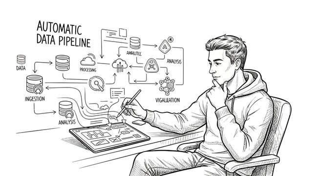 Man planning automatic data pipeline on tablet with hand-drawn flowchart