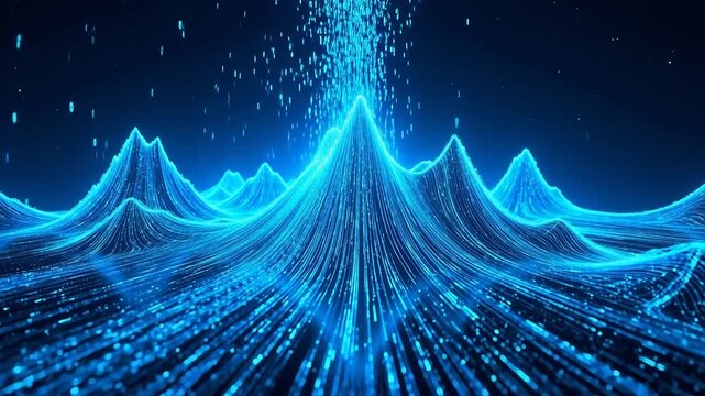 Digital Snowfall: Blue Binary Data Accumulates into Mountain Ranges