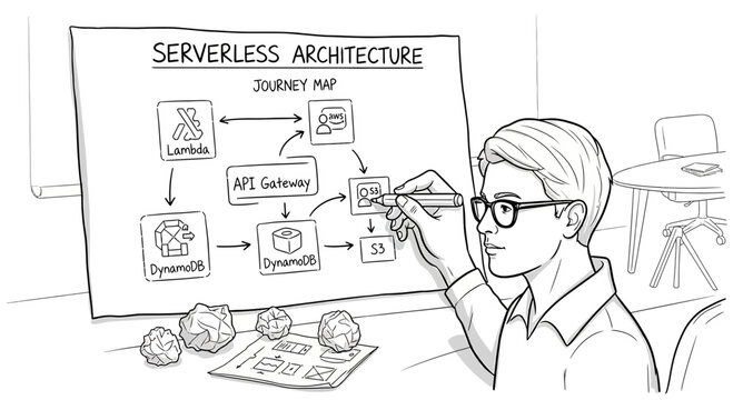 Man planning serverless architecture journey map with cloud diagrams