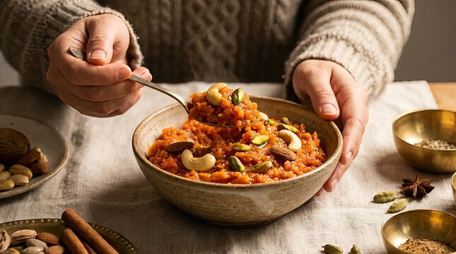 A close-up shot of a person enjoying a bowl of traditional Indian carrot halwa, garnished with cashews and almonds.