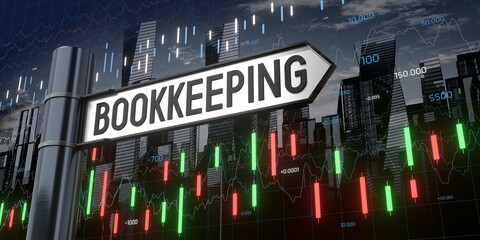 Bookkeeping - signpost and financial data - 3D illustration © PX Media