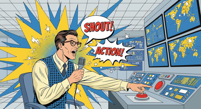 Man in control room shouting commands, action, maps displayed on screens