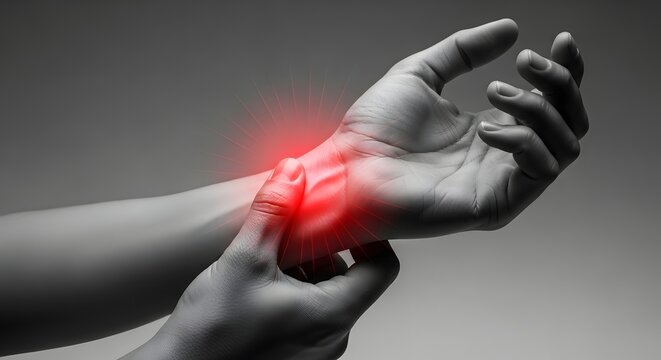 Grayscale image of hand with red wrist pain area. Carpal tunnel syndrome and repetitive strain. Person holding painful wrist joint in studio setting.