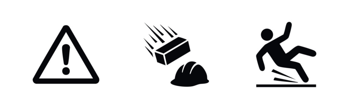 Safety Warning Icons for Construction Hazards, Falling Objects, and Slipping