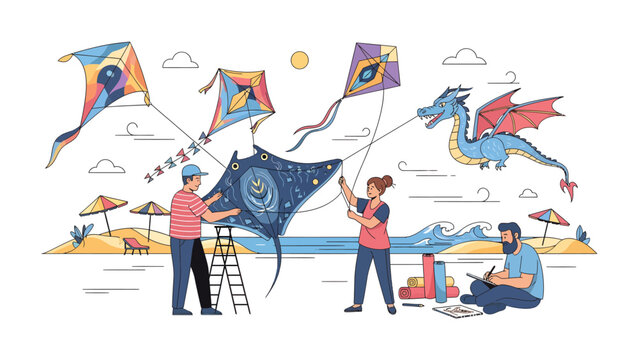 Kite Flying Fun on a Sunny Day: People enjoy a day at the beach with various colorful kites, including a dragon-shaped one, soaring in the sky, while one person sketches the scene.