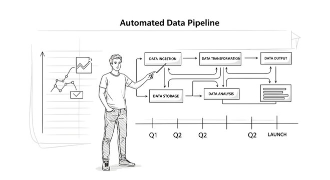Man demonstrates automated data pipeline flowchart with timeline and graphs