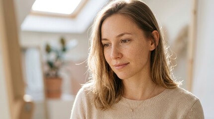 Fototapeta premium Young Woman with Blonde Hair Looking Down Thoughtfully Indoors.