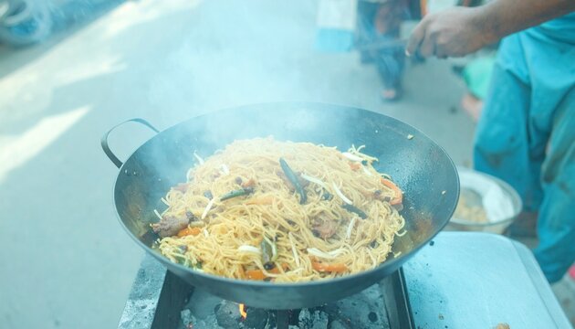 Indian street style chowmein noodles cooked fresh with spicy flavors