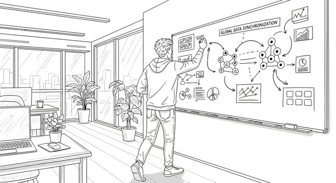 Man drawing a complex strategy diagram on a whiteboard in an office