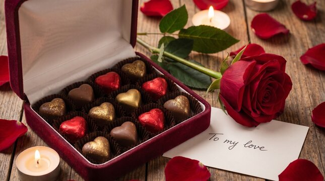 A romantic setup with chocolates and a rose on a table