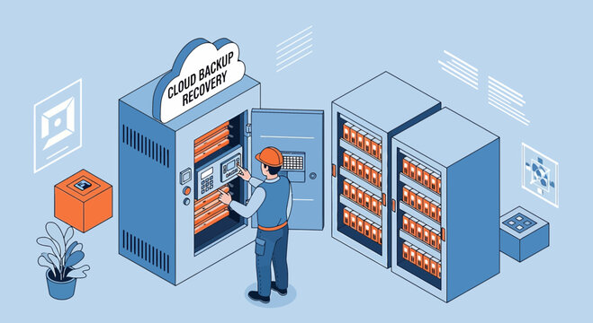 IT technician working with cloud backup server racks in data center