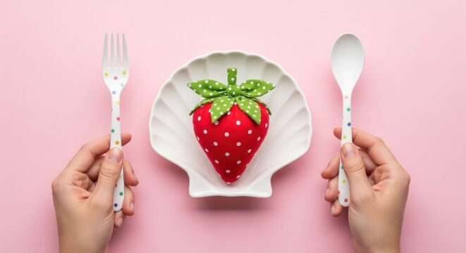 Creative Flat Lay of a Single Strawberry on a Shell Plate with Utensils.
