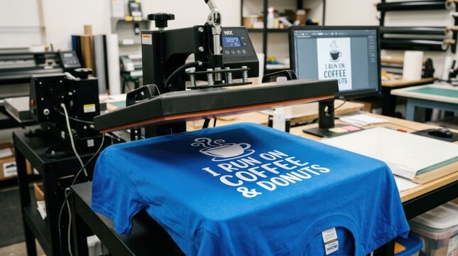Custom TShirt Printing Machine Applying Design to Blue Apparel.
