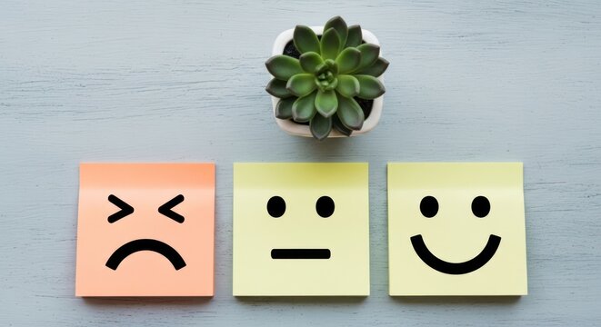 Customer Feedback Mood Scale with Smiley Faces on Sticky Notes.