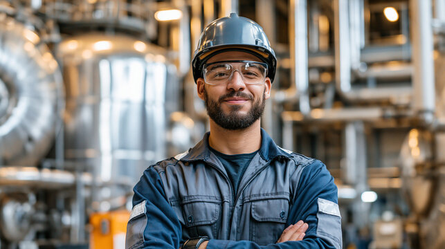 Retrato de un ingeniero industrial o trabajador de planta qu&iacute;mica sonriente y seguro de s&iacute; mismo, usando casco y gafas de seguridad, con los brazos cruzados frente a tuber&iacute;as met&aacute;licas en una refiner&iacute;