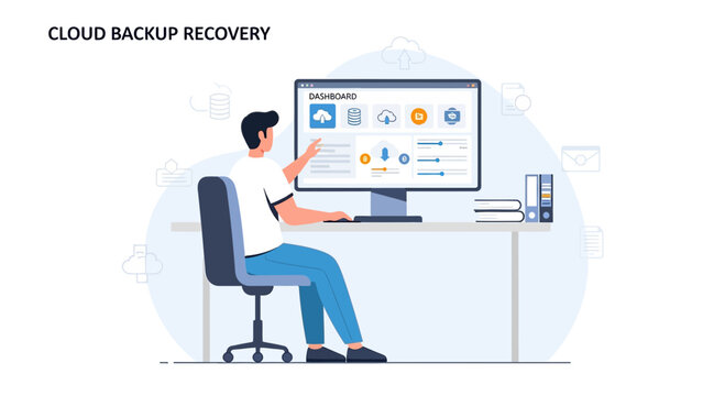 Man at computer, cloud backup recovery interface, data storage concept