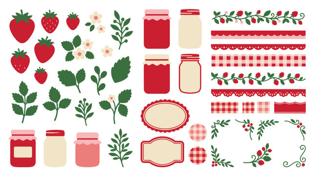 Strawberry jam cottage label ornament vector set with berries, flowers, jars, gingham motifs and decorative frames for homemade food packaging