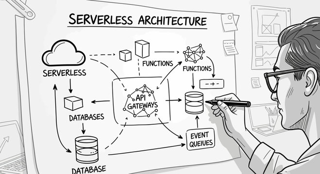 Man drawing serverless architecture diagram on board: cloud, API, functions, databases