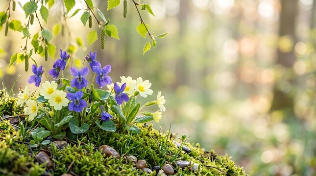 Purple violets and yellow primroses bloom on moss in a sunny spring forest.