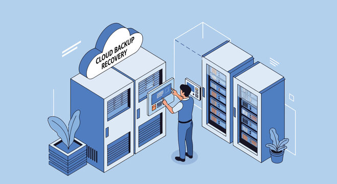 IT Technician Performing Cloud Backup Recovery in Server Room