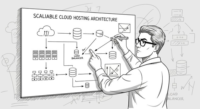 Man Draws Scalable Cloud Hosting Architecture Diagram