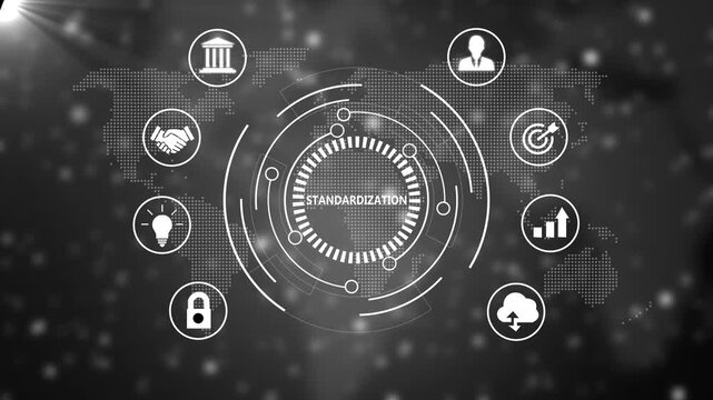 Standardization concept with digital map and business hud animation, global corporate strategy and technology infographic motion