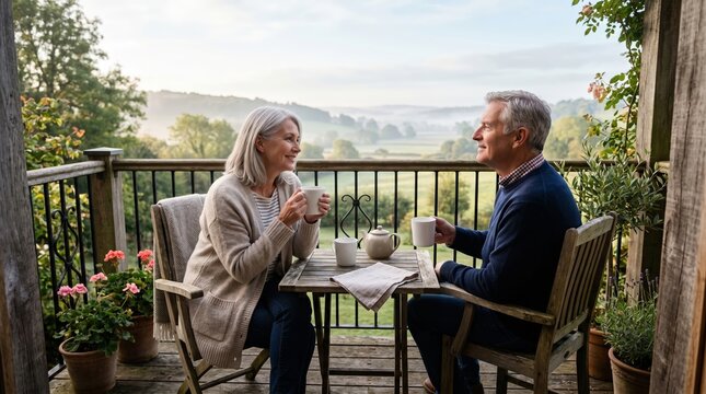 Senior couple enjoying coffee on a balcony with a scenic view