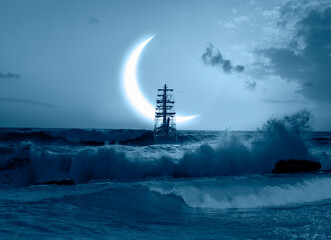 Fototapeta premium Sailing old ship in storm sea - Night sky with crescent moon in the clouds 