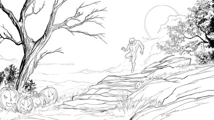 Obraz premium Halloween Landscape with Pumpkins and Mysterious Figure Running