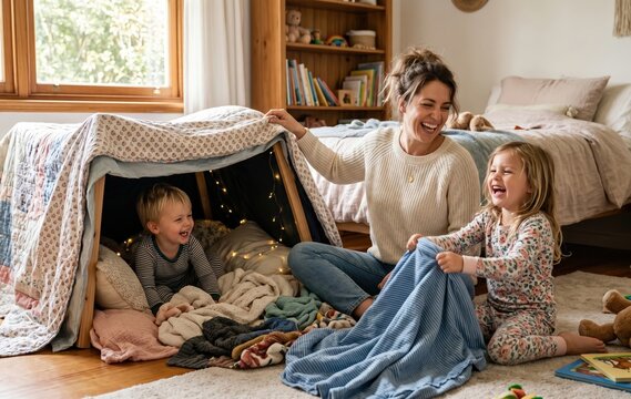 Playful mom and two children creating a cozy blanket fort, enjoying happy indoor fun