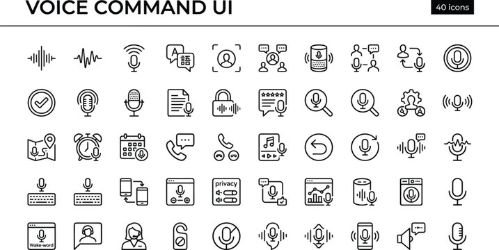 Voice Command UI Icon Set With Outline Microphone Speech Recognition Audio Assistant And Control Interface Symbols Design
