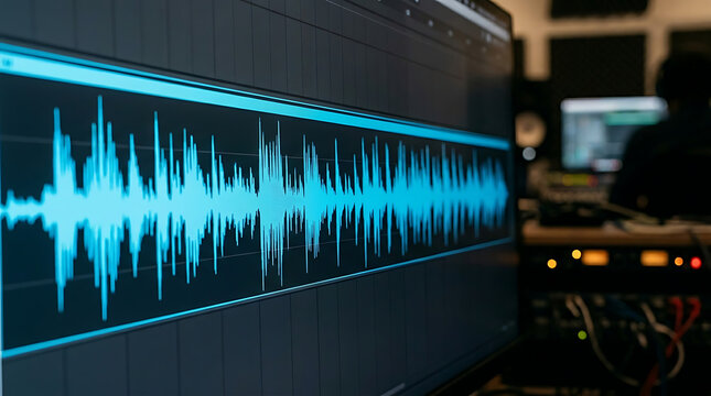 Close-up of an audio waveform displayed on a computer screen in a sound studio