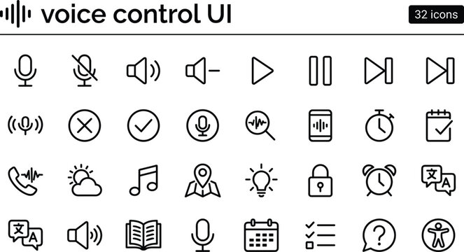 Voice Control UI Icon Set With Outline Microphone Audio Playback And Smart Assistant Interface Symbols Design