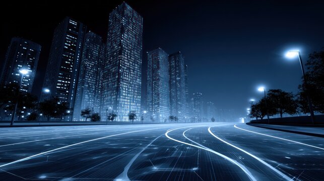 Illuminated data streams flow across a dark urban roadway beside towering corporate structures at night.