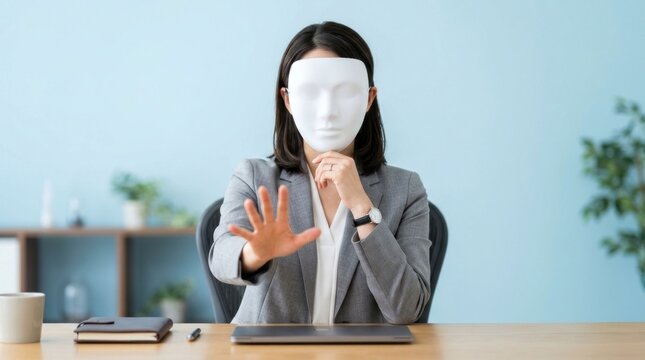 Woman in Business Attire Wearing a White Mask Gesturing Stop.