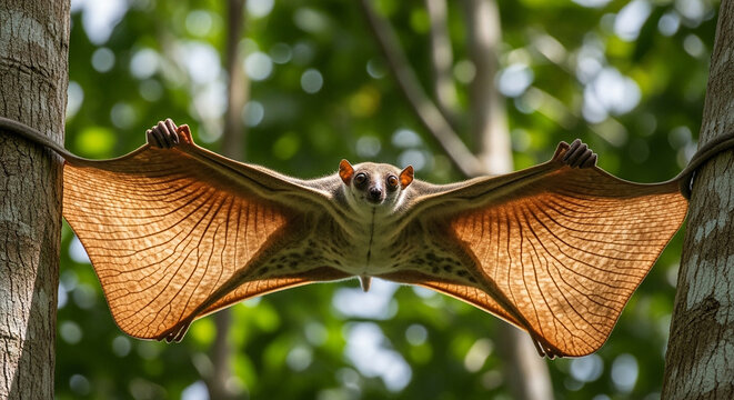 A colugo or flying lemur stretching its patagium membrane between two tree trunks in a dense tropical forest habitat