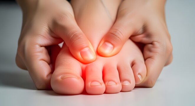 Foot pain and podiatry health. Gout symptoms or toe joint inflammation. Hands massaging a painful foot with red glow on the big toe joint area