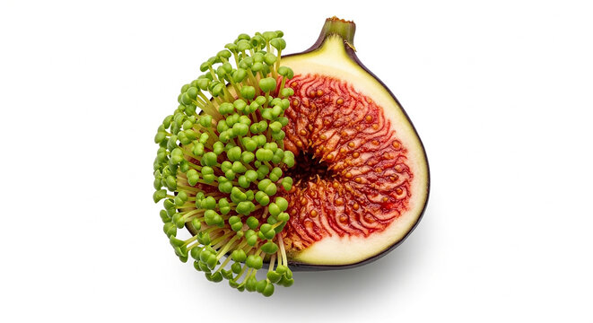 A halved fresh fig fruit with green sprouts growing from the seeds inside, isolated on a clean white background view