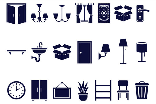 Modern flat-icon set depicting essential home and office elements in sleek navy-blue minimalist vector style