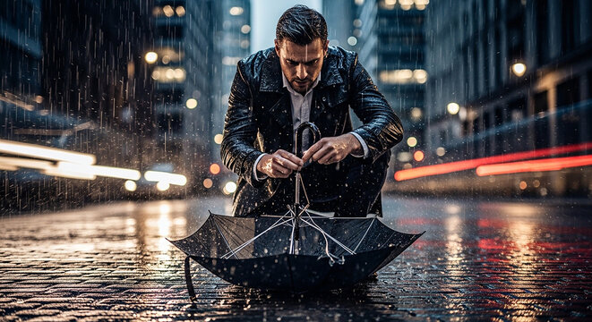 A man in a black leather jacket crouches in heavy rain on a wet city street at night, struggling to open a black
