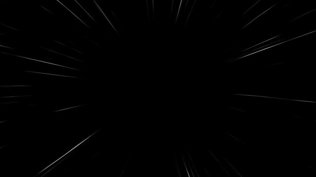 White comic book speed lines animation on black background with diagonal motion effects, anime action burst trails, seamless looping cartoon FX, transparent alpha channel, 4K