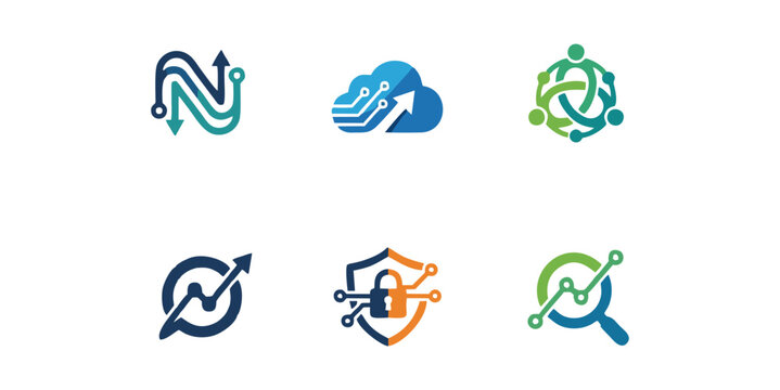A collection of modern vector logos and icons featuring abstract symbols and graphs on a white background.