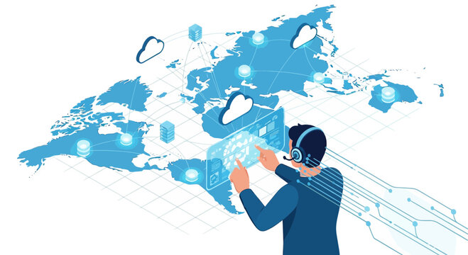 Global network connection: person interacting with digital world map and clouds