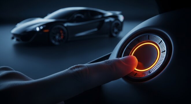 Hand pressing glowing start button on modern luxury car dashboard, ignition concept