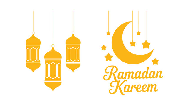 Golden islamic mosque silhouettes with ramadan greeting in yellow and gold minaret dome crescent star
