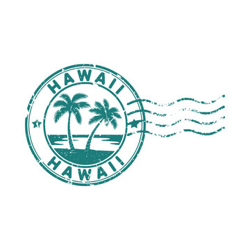 Hawaii stamp with palm trees and beach vintage travel emblem